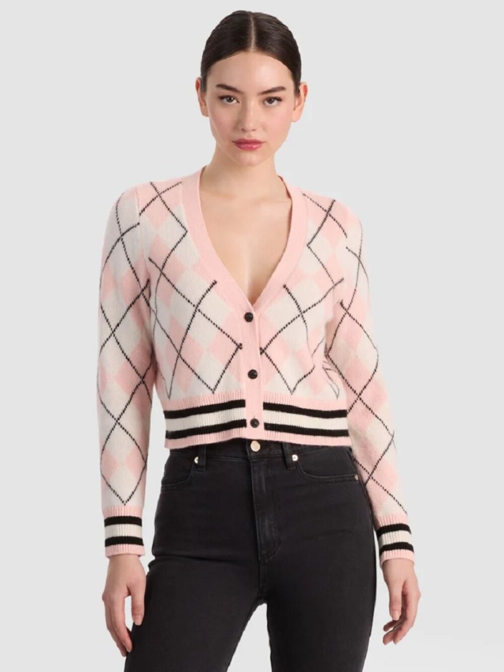 NWT Alice + Olivia Grace Argyle Cashmere Cropped Cardigan Sweater Pink XS